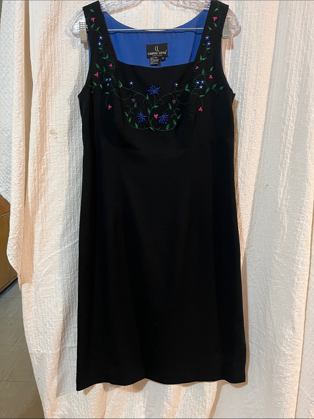 CAROL LITTLE Black Sleeveless Lined Dress w Dainty Embroidered & Beaded Flowers
